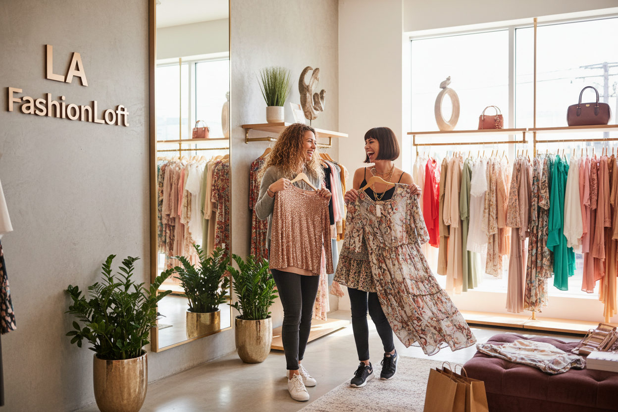 kan je twee vriendinnen in de boutiqe genreren en dat er op de muur ook staat LA FashionLoft en dat ze samen lachen en kleren passen